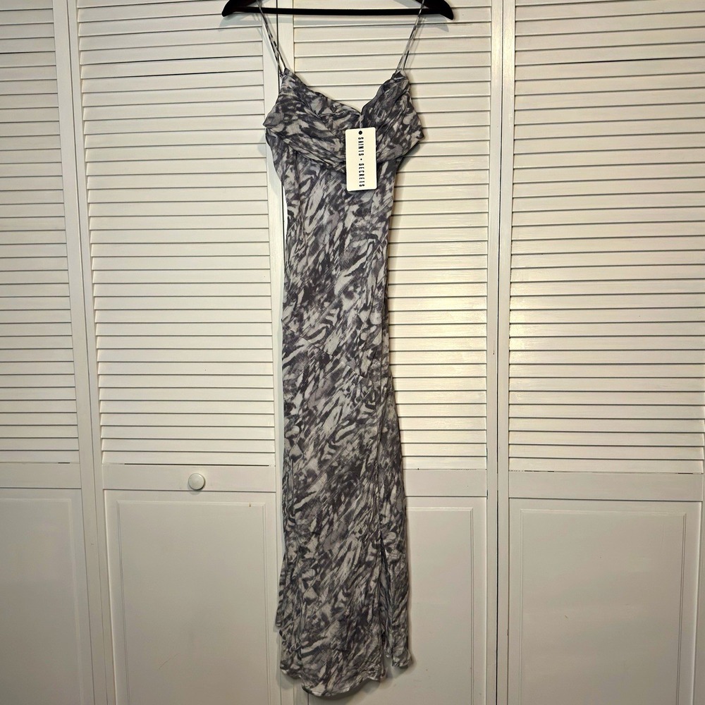Saints + Secrets Grey Abstract Marble Print Maxi Slip Dress Cowl Neck L NWT